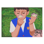 Boy Smelling Dandelion in Garden